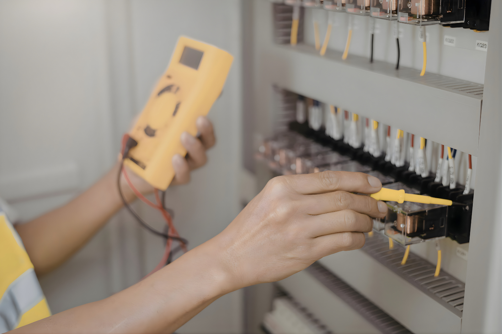 Technician using a multimeter to test components in an industrial electrical control panel