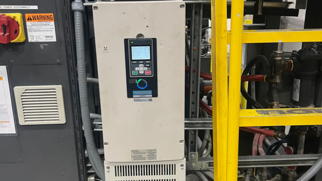 Yaskawa GA800 drive installed by Control Concepts during a 75 HP industrial extruder drive retrofit.